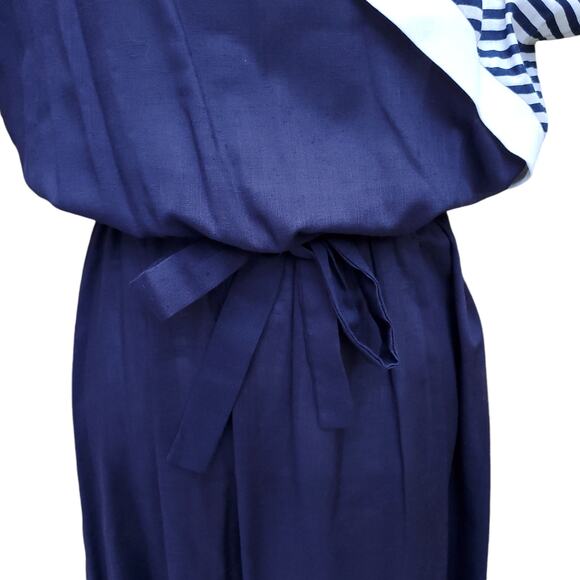 Vintage Jean Leslie Blue White Colorblock Dress Stripes Belted 1970s 70s Sz 16 - Picture 5 of 16